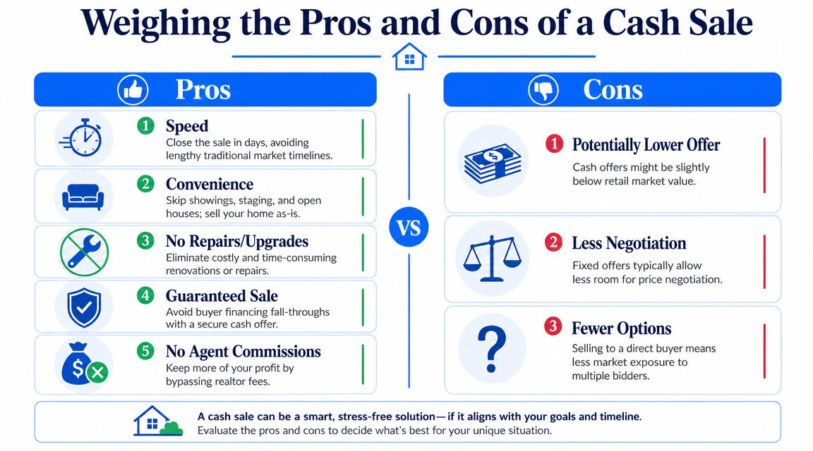 An infographic comparing the pros and cons of selling a house for cash instead of traditional methods.