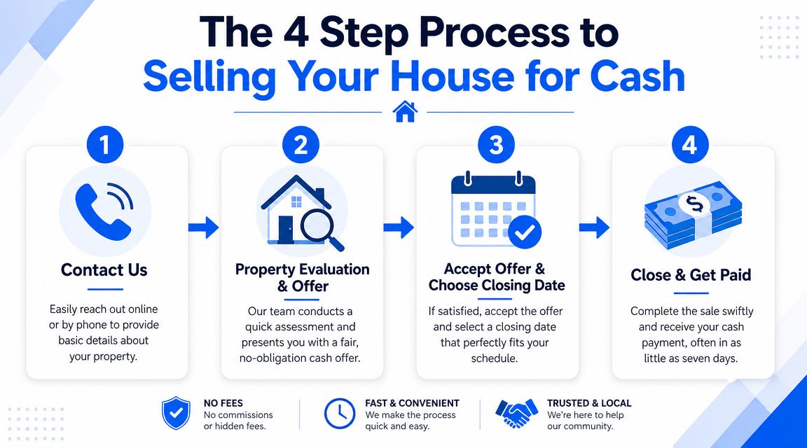 A four-step infographic illustrating how to sell a house for cash quickly and easily.