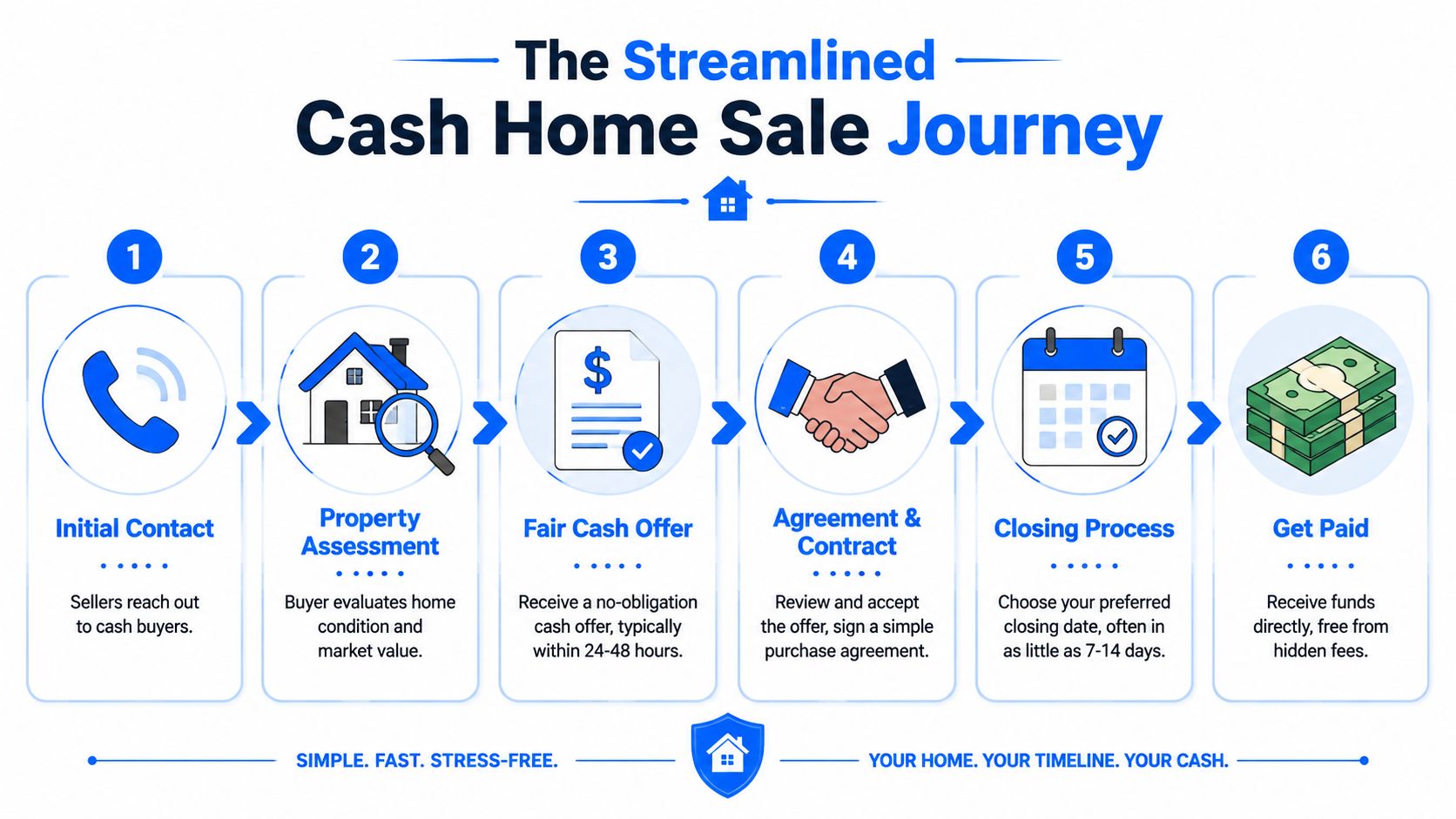 A six-step infographic illustrating the streamlined process of selling a home for cash to buyers.