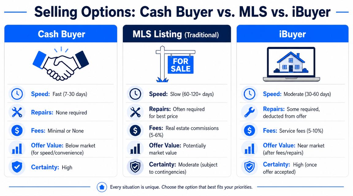 A comparison chart outlining the pros and cons of selling property through cash buyers, MLS, or iBuyers.