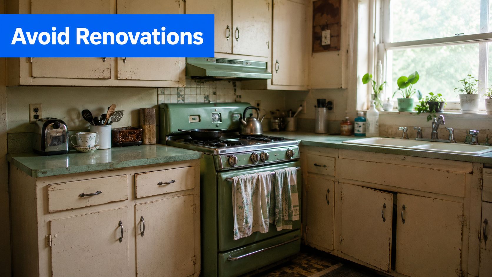 A vintage style kitchen with faded cabinets and a retro green stove in need of repairs.