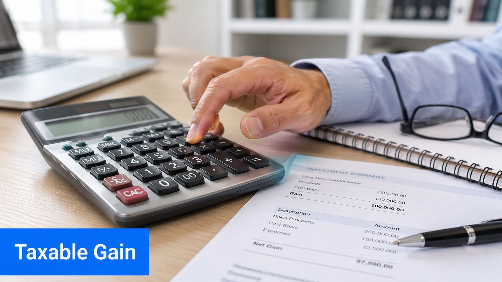 A professional calculating capital gains on a rental property sale using a calculator and financial statement.