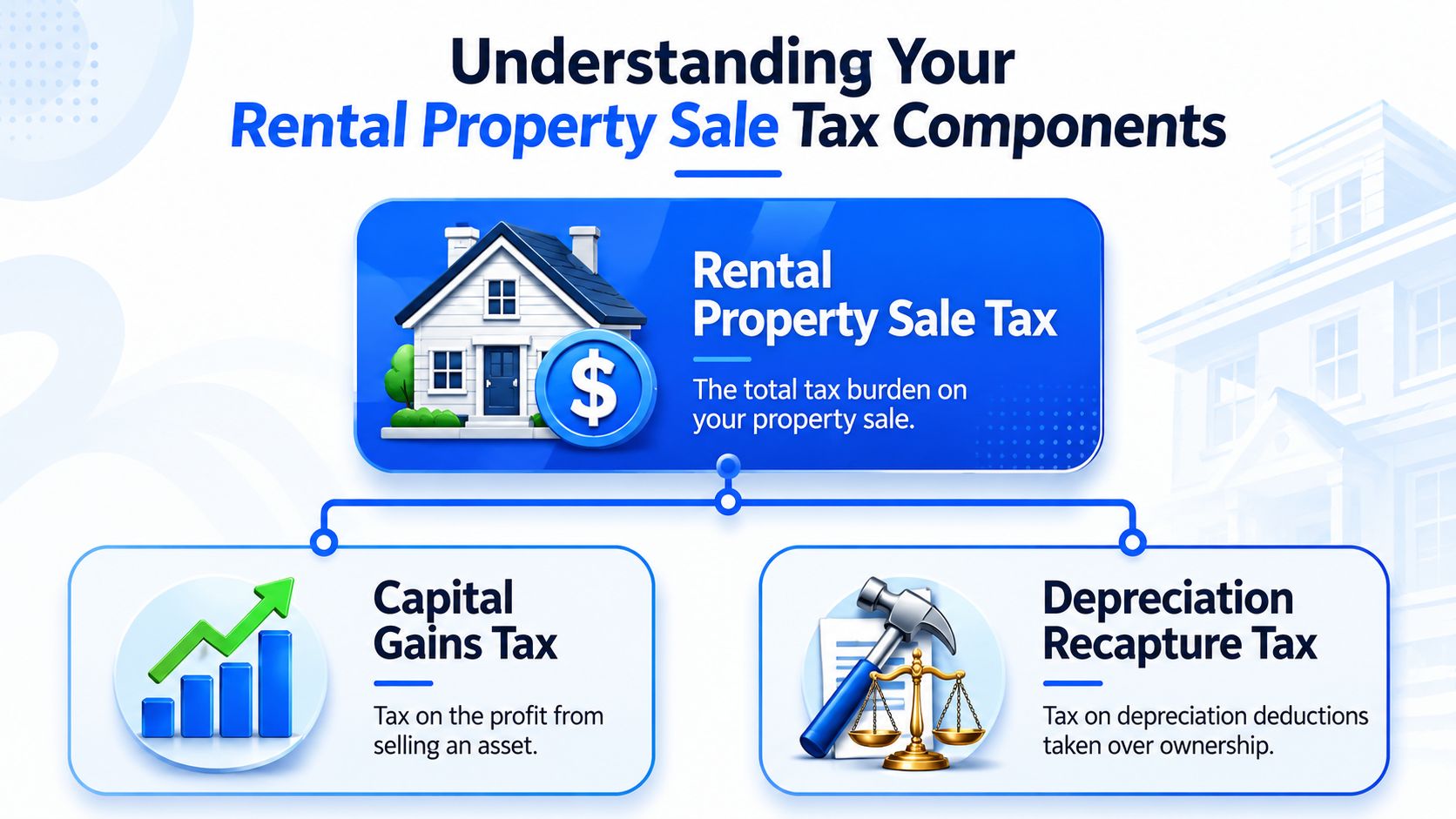 An infographic showing the tax components of selling a rental property, including capital gains and depreciation recapture.