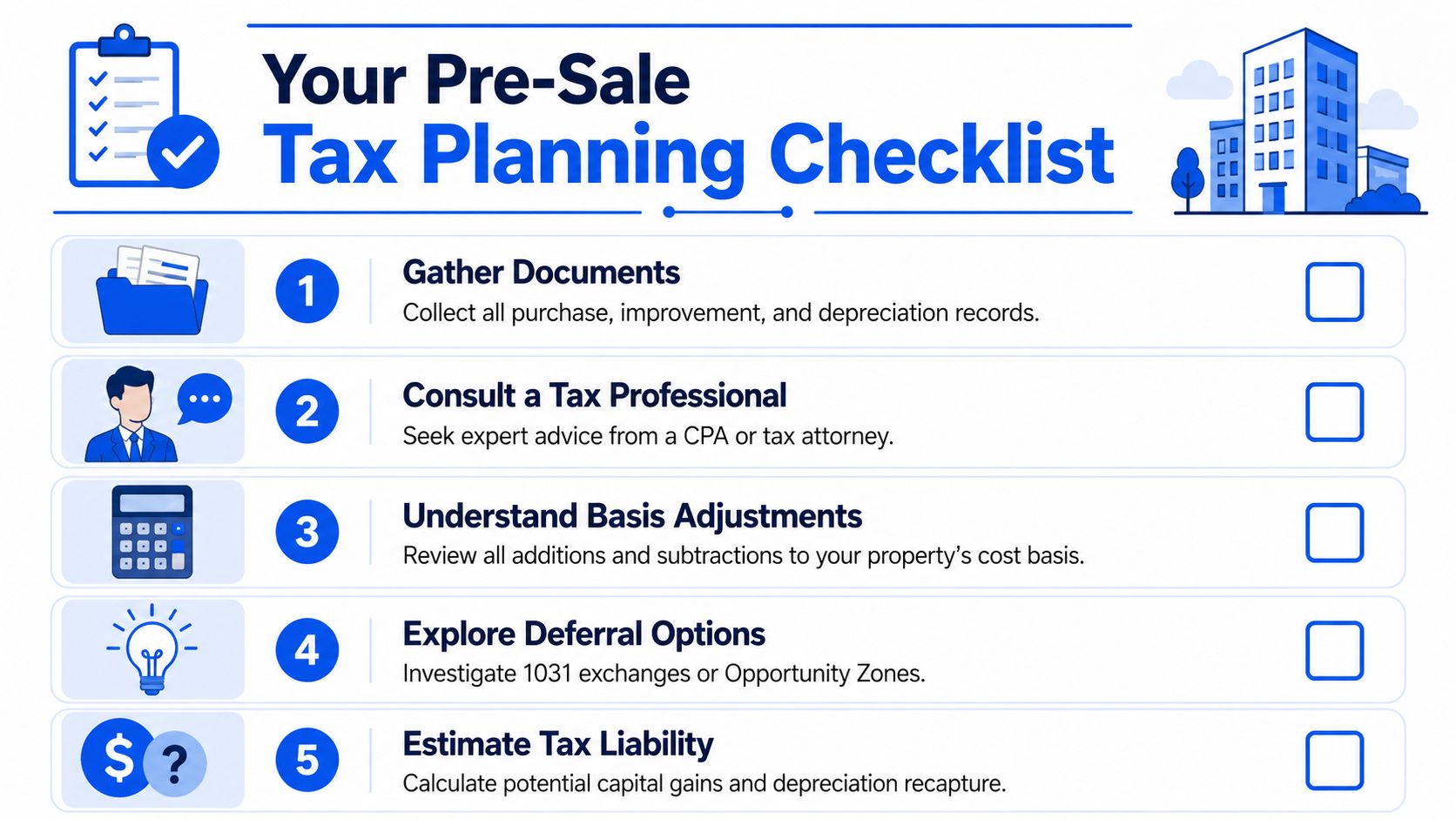 A pre-sale tax planning checklist for property owners featuring five numbered steps and helpful icons.