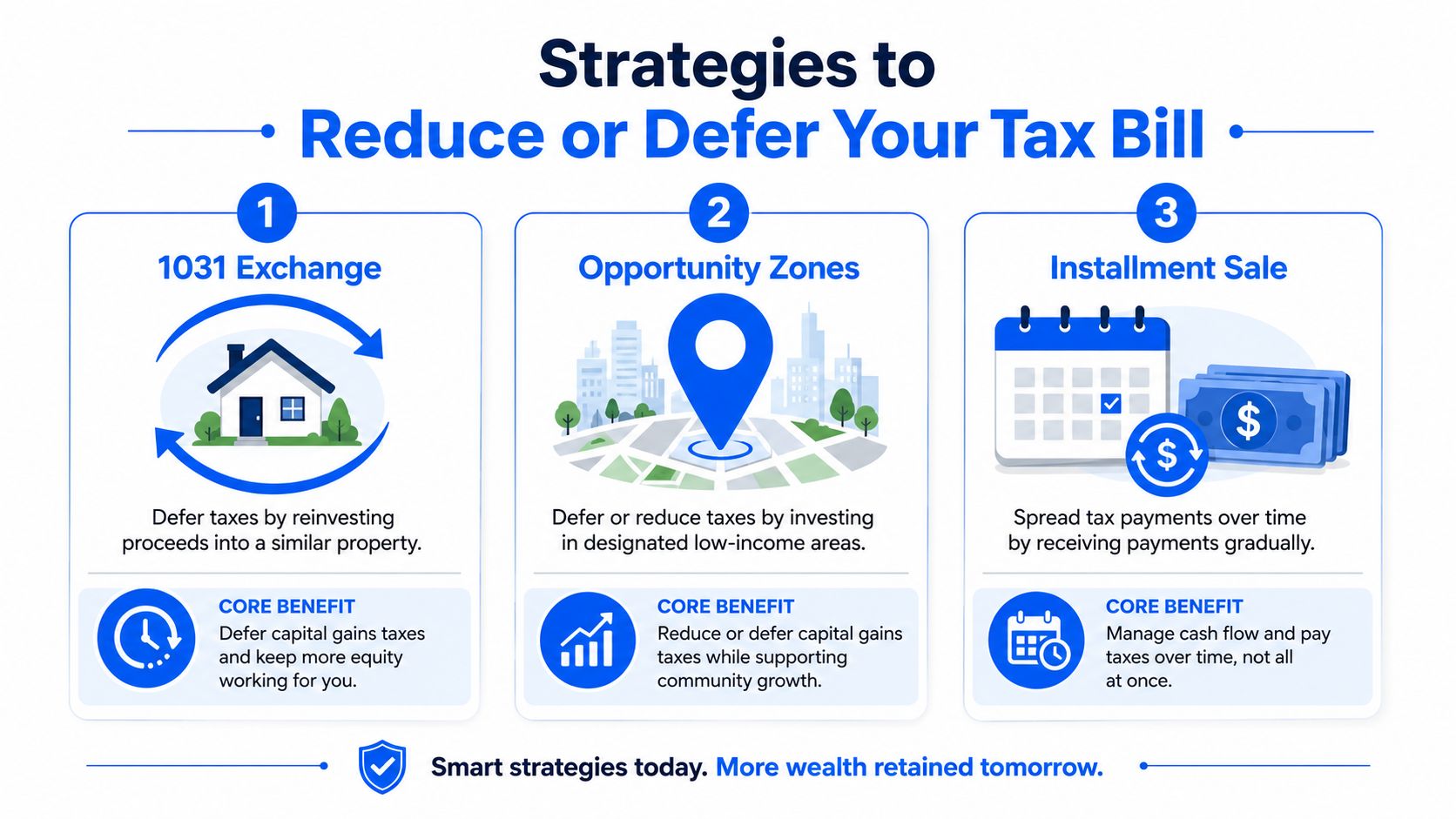 An infographic showing three investment strategies to reduce or defer capital gains taxes on property sales.
