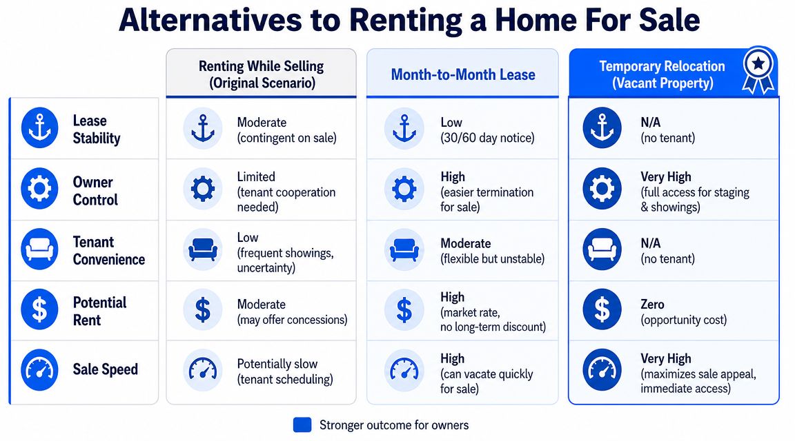 A comparison chart outlining alternatives for renting a home that is currently for sale, including lease stability and control.
