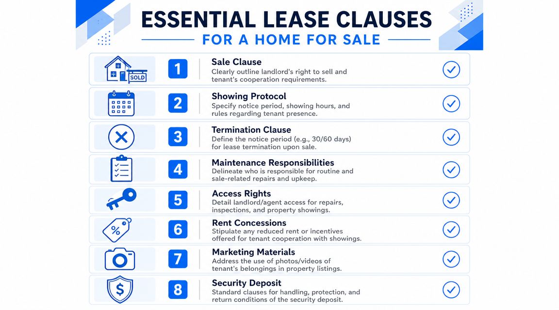 An infographic showing eight essential lease clauses for tenants when a rental property is for sale.