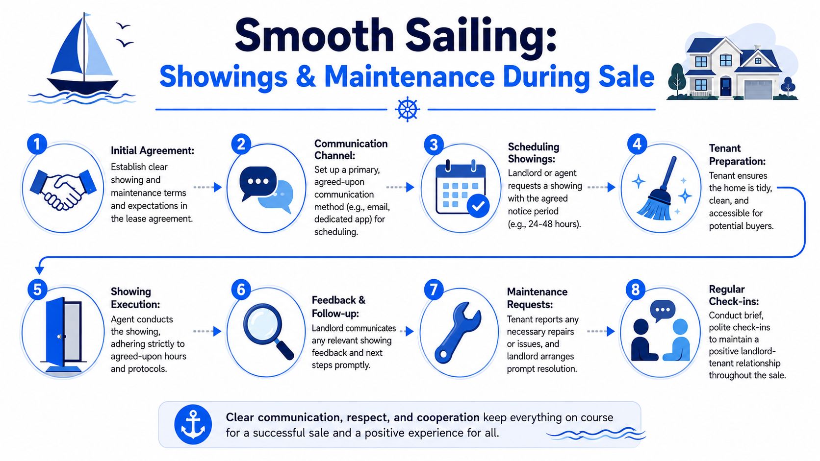 A step-by-step infographic titled Smooth Sailing illustrating the process for managing showings and maintenance when renting a home for sale.