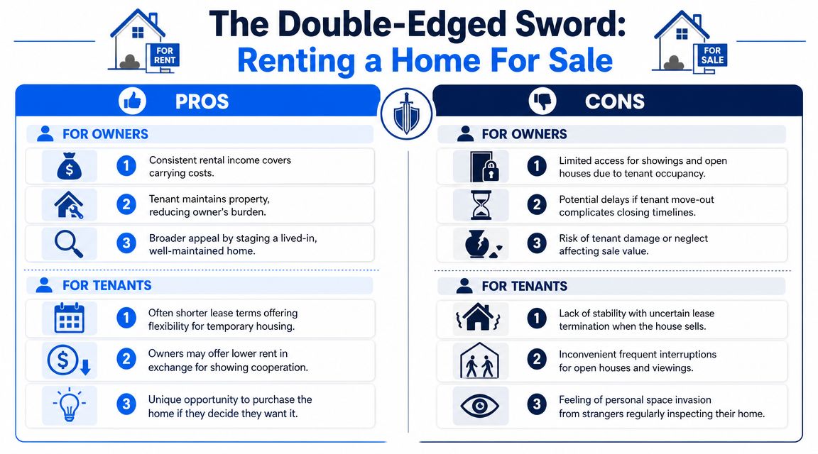 An infographic titled The Double-Edged Sword displaying pros and cons for owners and tenants renting a home for sale.