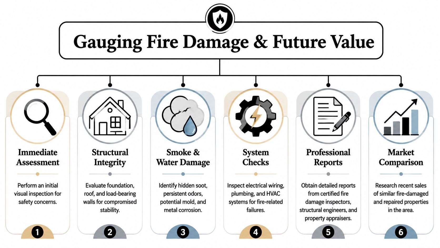 A flowchart outlining six steps to gauge fire damage and determine the future value of a property.