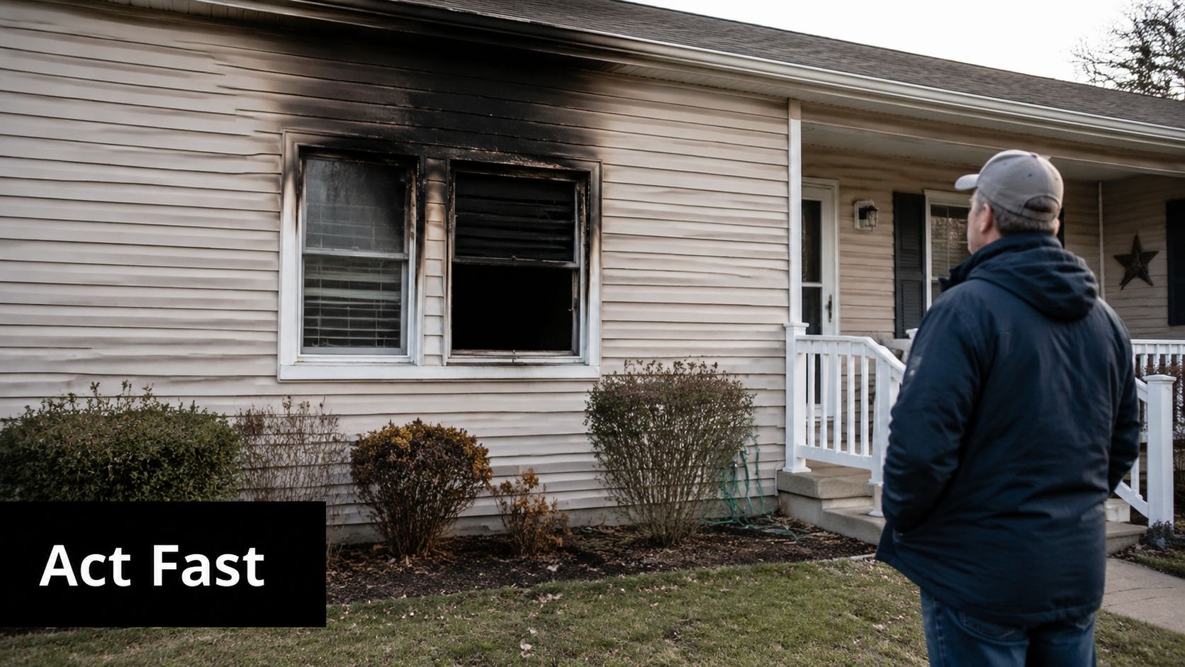 A man in a winter jacket stands outside a house exterior damaged by fire and smoke.