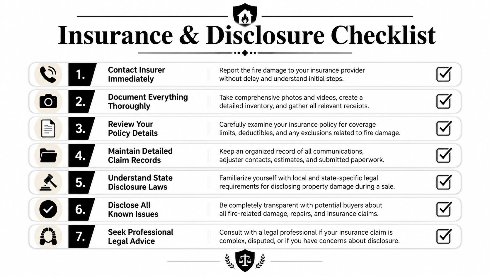 A seven-step checklist for managing fire damage insurance claims and property disclosure requirements for homeowners.