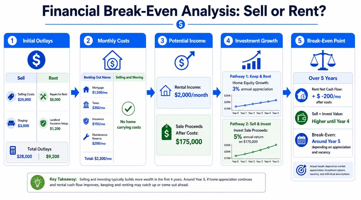 An infographic showing a financial break-even analysis comparing the costs and benefits of selling or renting a home.