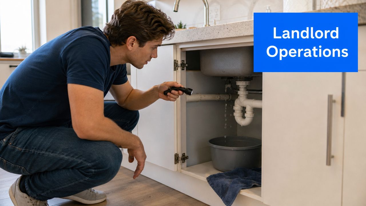 A man inspecting a leaking kitchen sink drain underneath the cabinet with a flashlight in his home.
