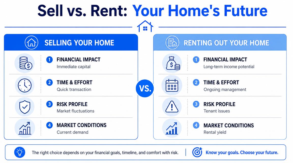 A comparison chart outlining the pros and cons of selling versus renting out your home.