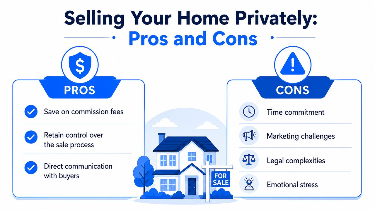 An infographic comparing the pros and cons of selling your home privately without a real estate agent.