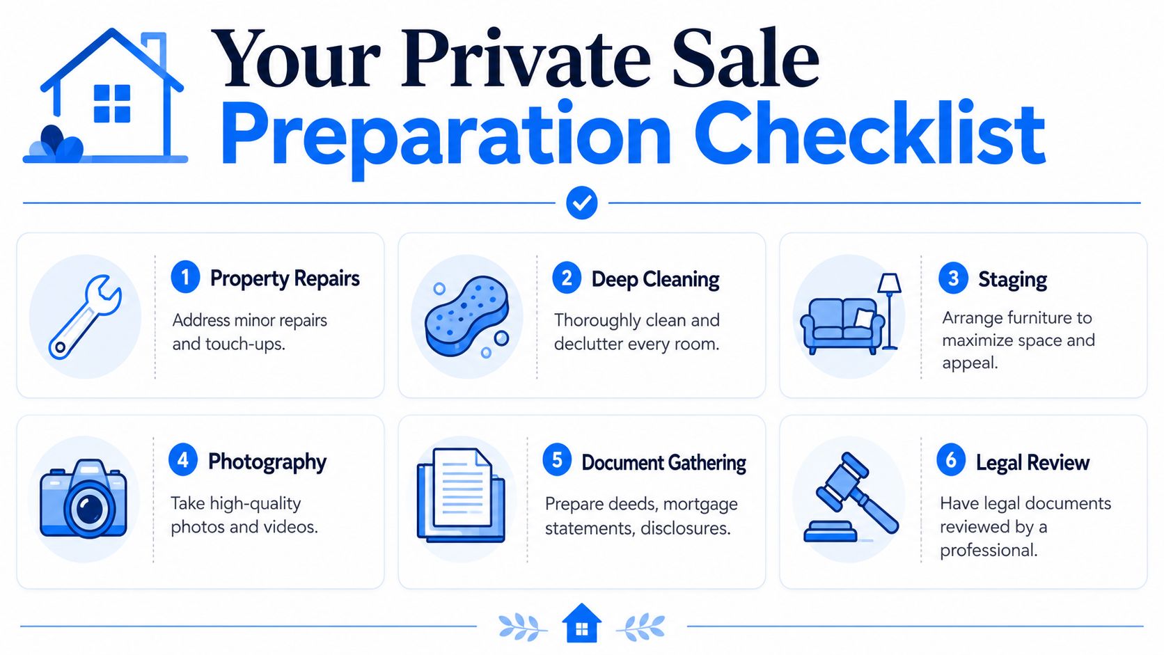 An infographic titled Your Private Sale Preparation Checklist with six steps for selling a home privately.