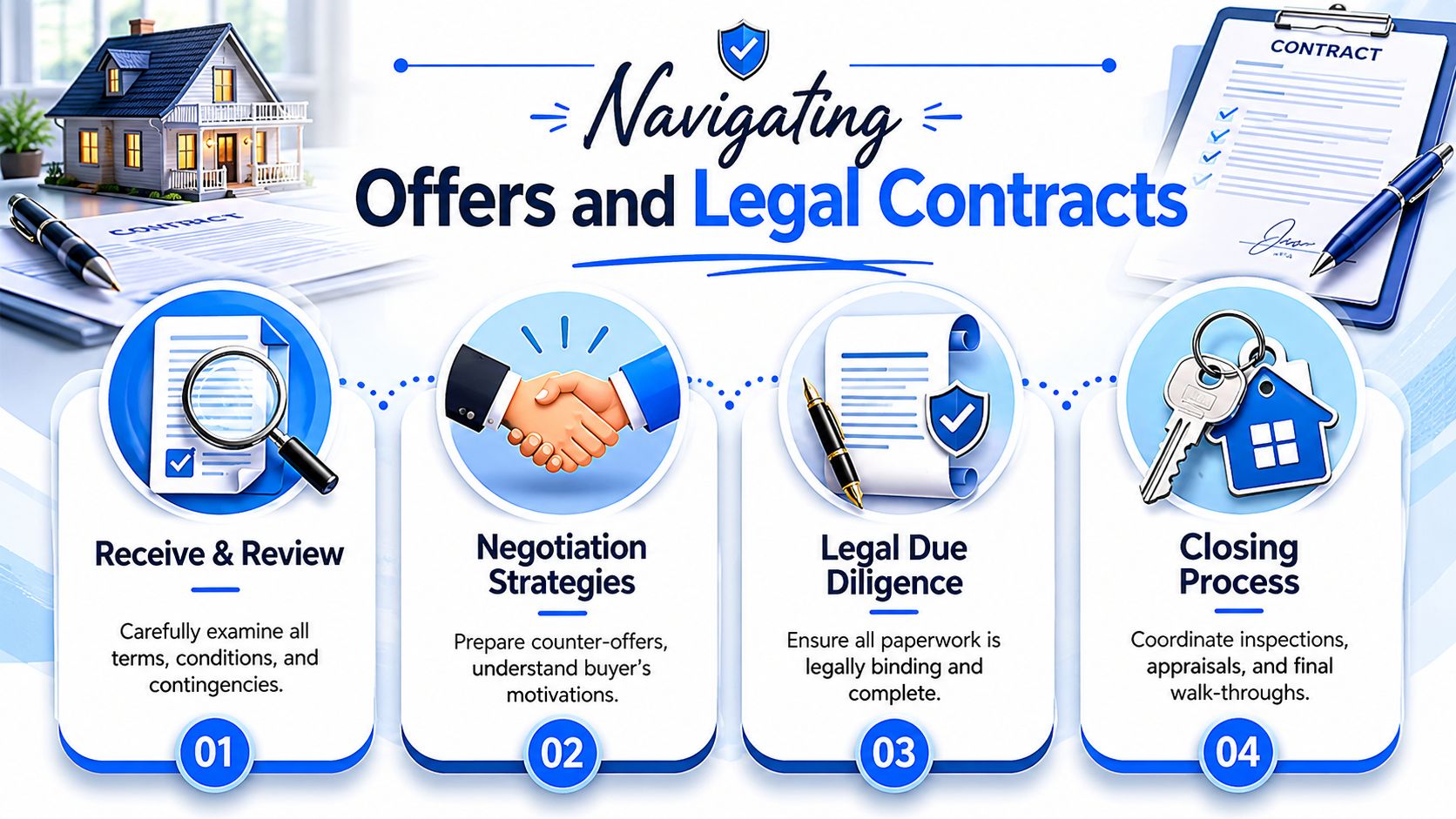 A four-step infographic illustrating the real estate process of navigating offers and legal contracts when selling a home.