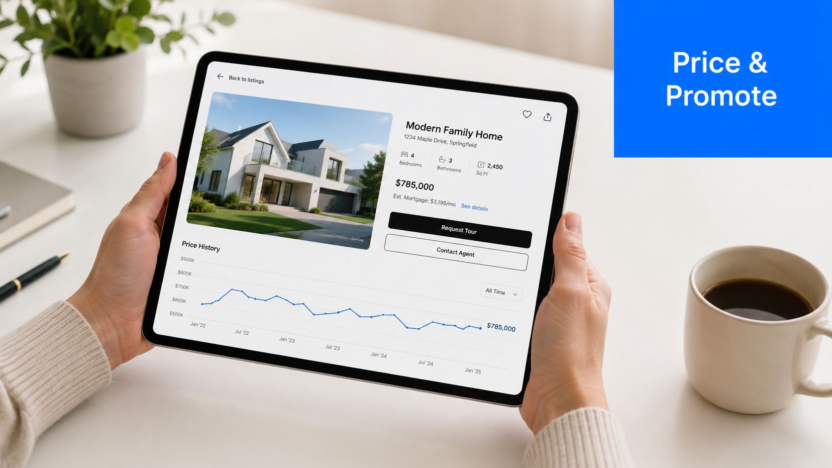 A person holds a tablet displaying a real estate listing for a modern family home with pricing history.