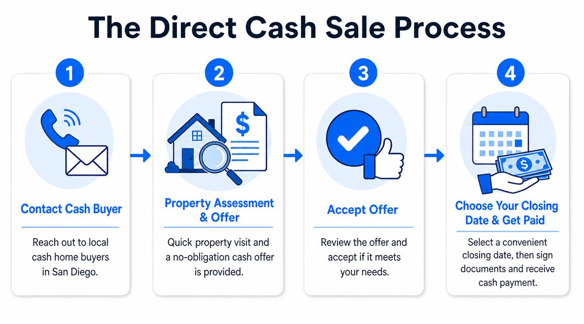 A four-step infographic showing the simple process to sell your house quickly for cash in San Diego.