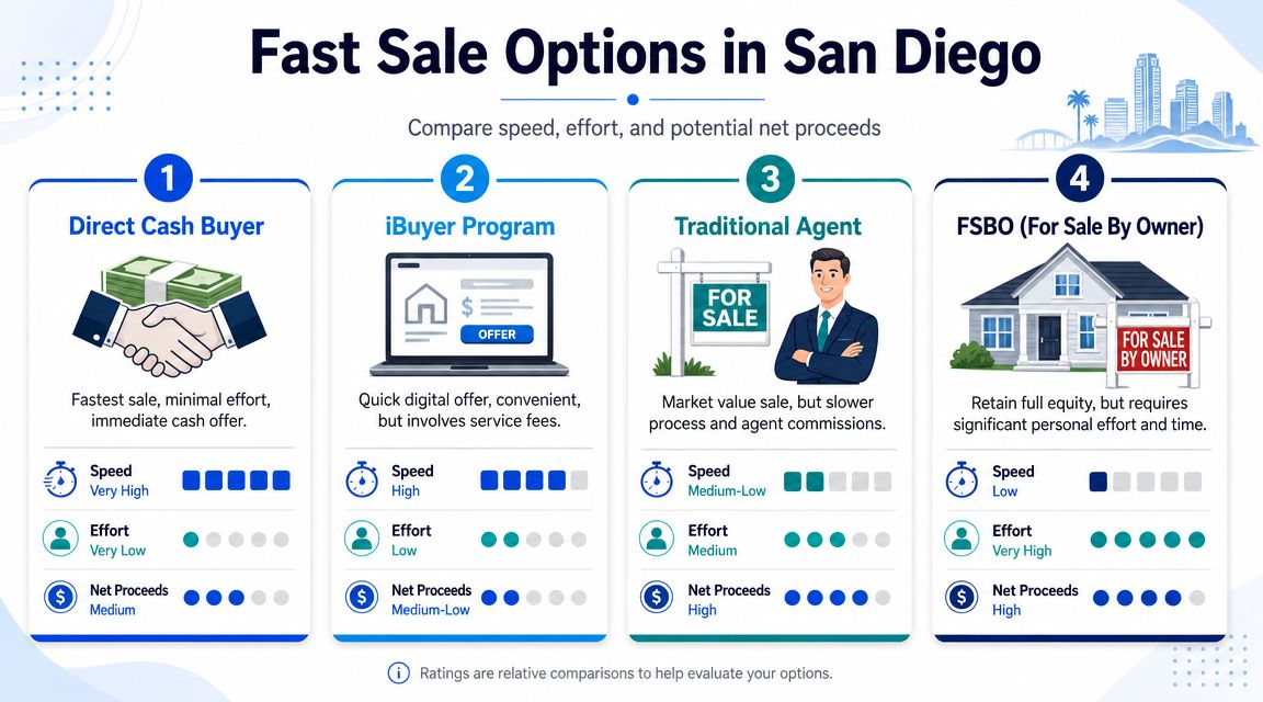 A comparison chart of four real estate selling options in San Diego, evaluating speed, effort, and net proceeds.