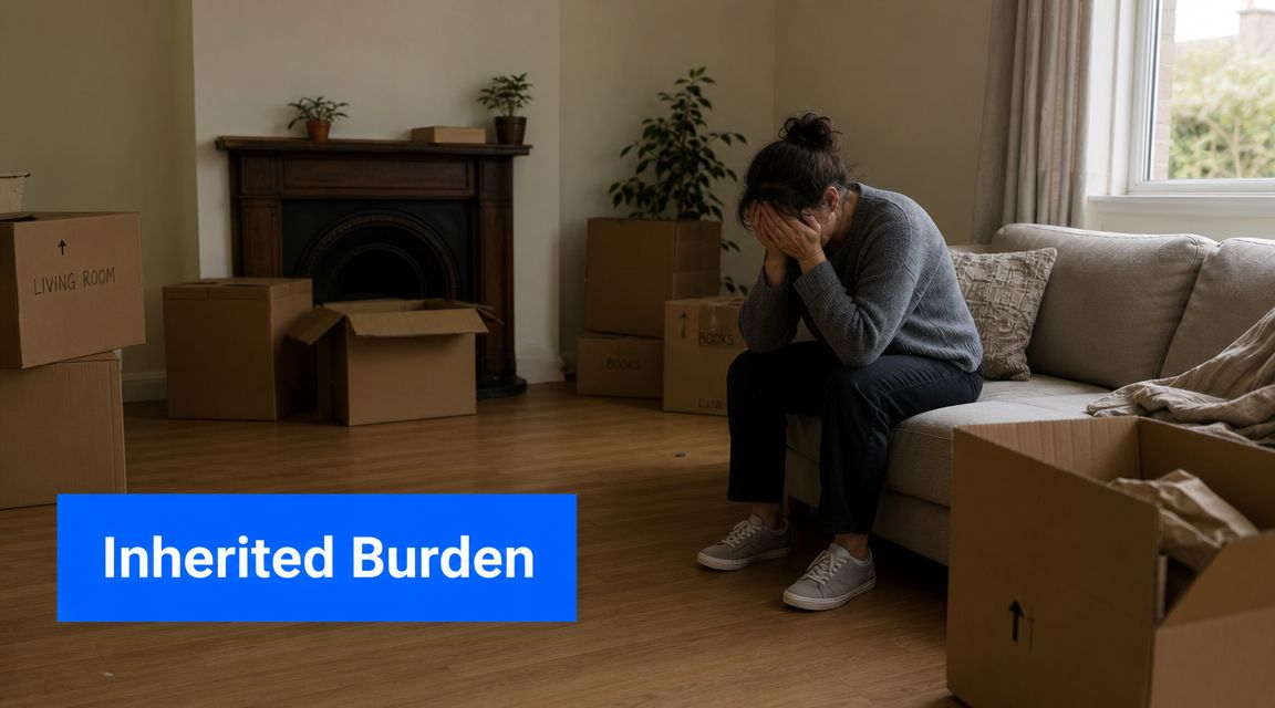 A distressed woman sitting on a couch surrounded by cardboard moving boxes in an empty house.
