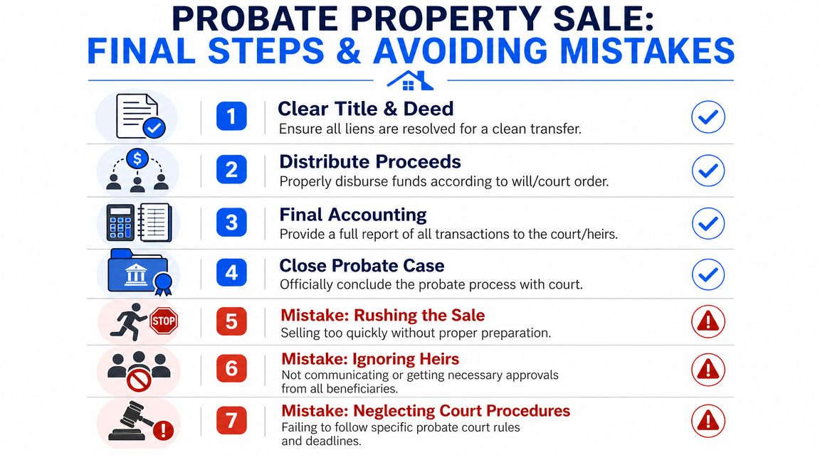 A checklist infographic outlining seven steps and mistakes for managing a property sale during the probate process.