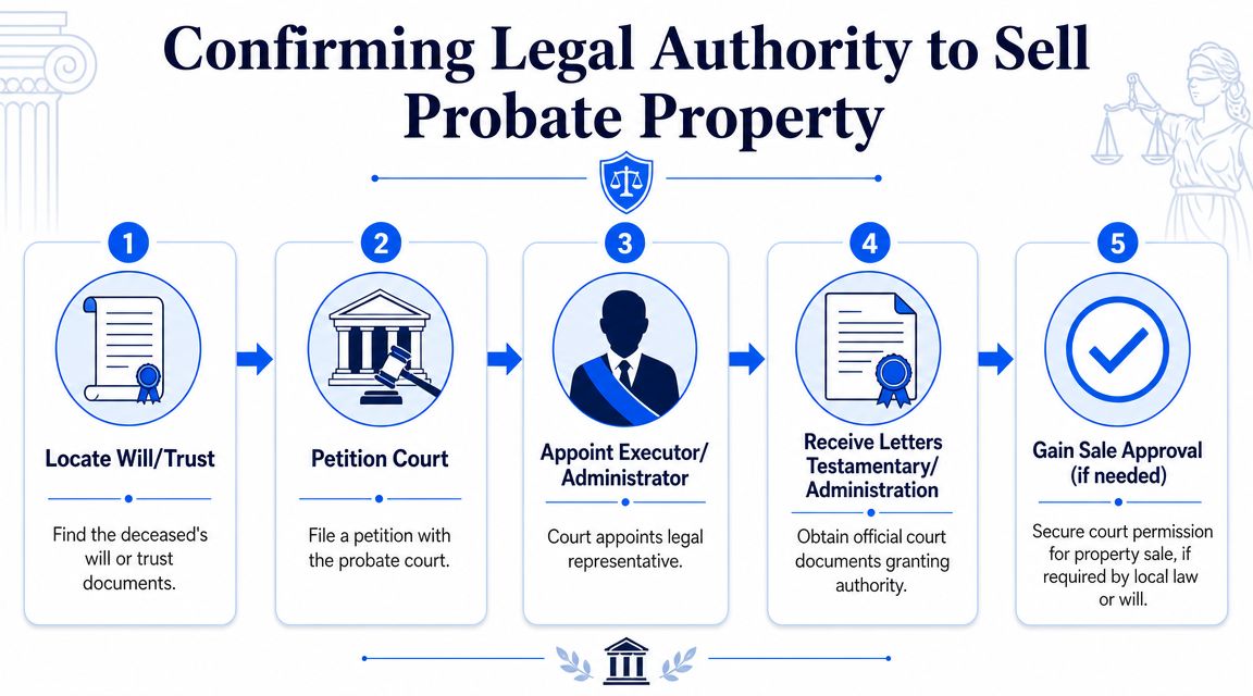 A five-step flowchart illustrating the legal process for obtaining authority to sell a property in probate.