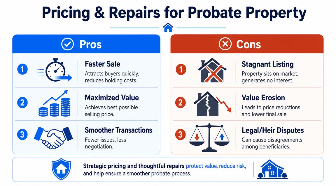 A graphic highlighting the pros and cons of pricing and repairs for selling a home in probate.