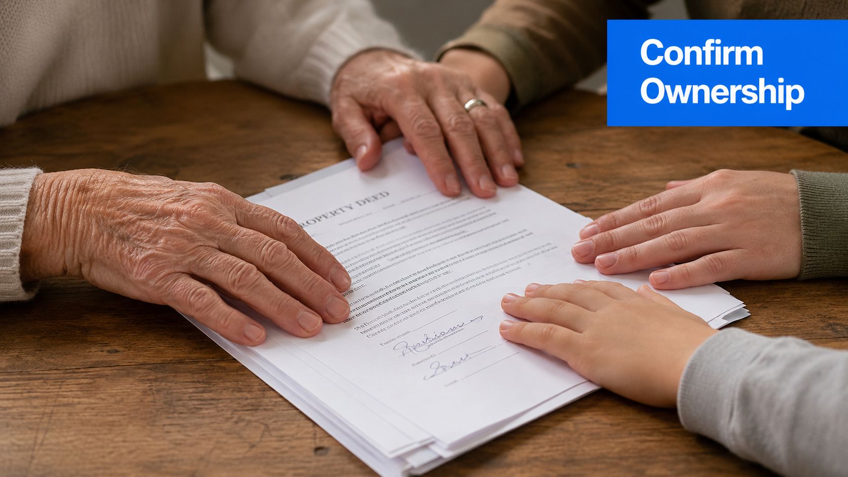 Hands of multiple generations of family members resting on a property deed document on a table