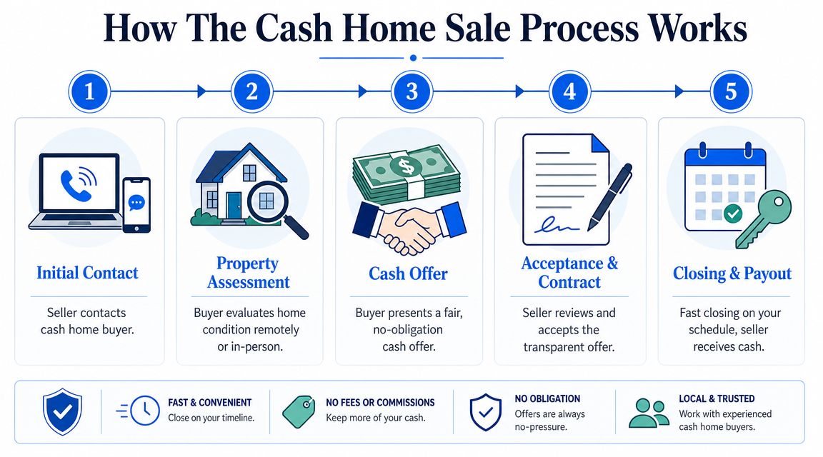 A step-by-step infographic illustrating the five stages of a professional cash home sale process.