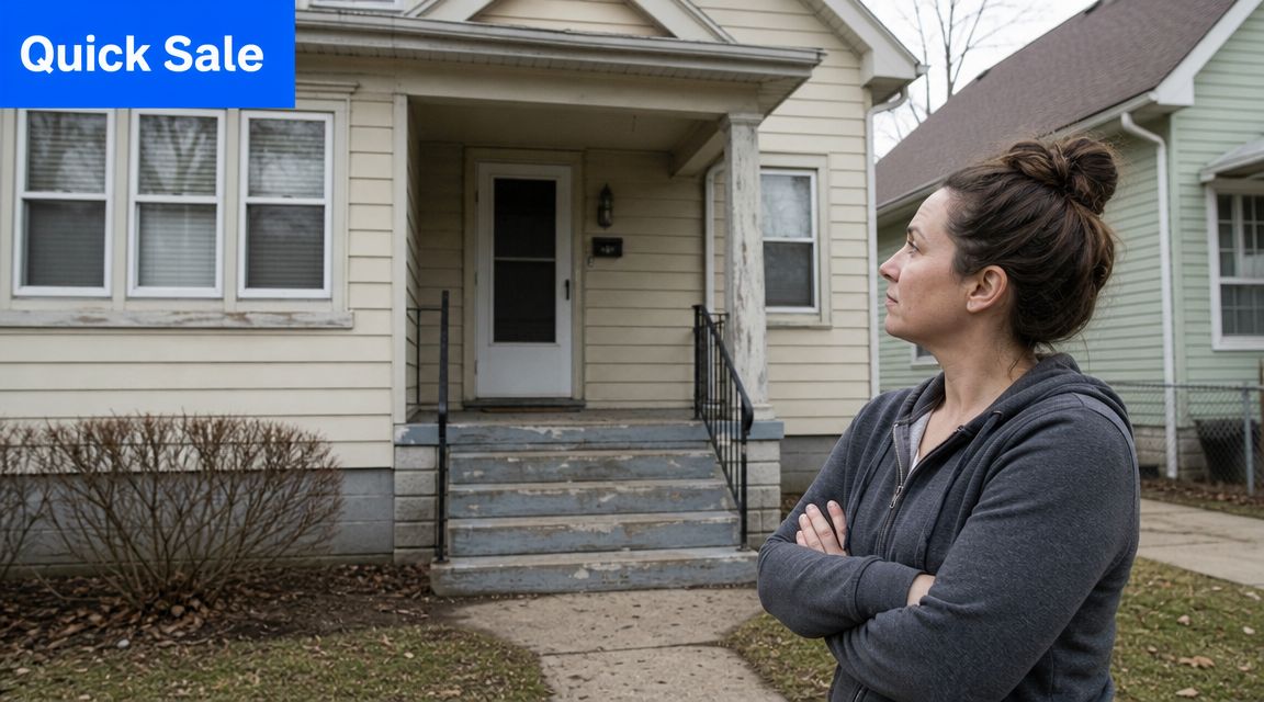 A woman with arms crossed looks thoughtfully at a house being considered for a quick cash sale.