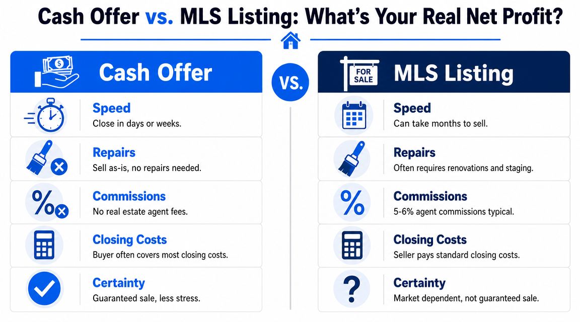 A comparison chart outlining the pros and cons of selling a home via cash offer versus MLS listing.